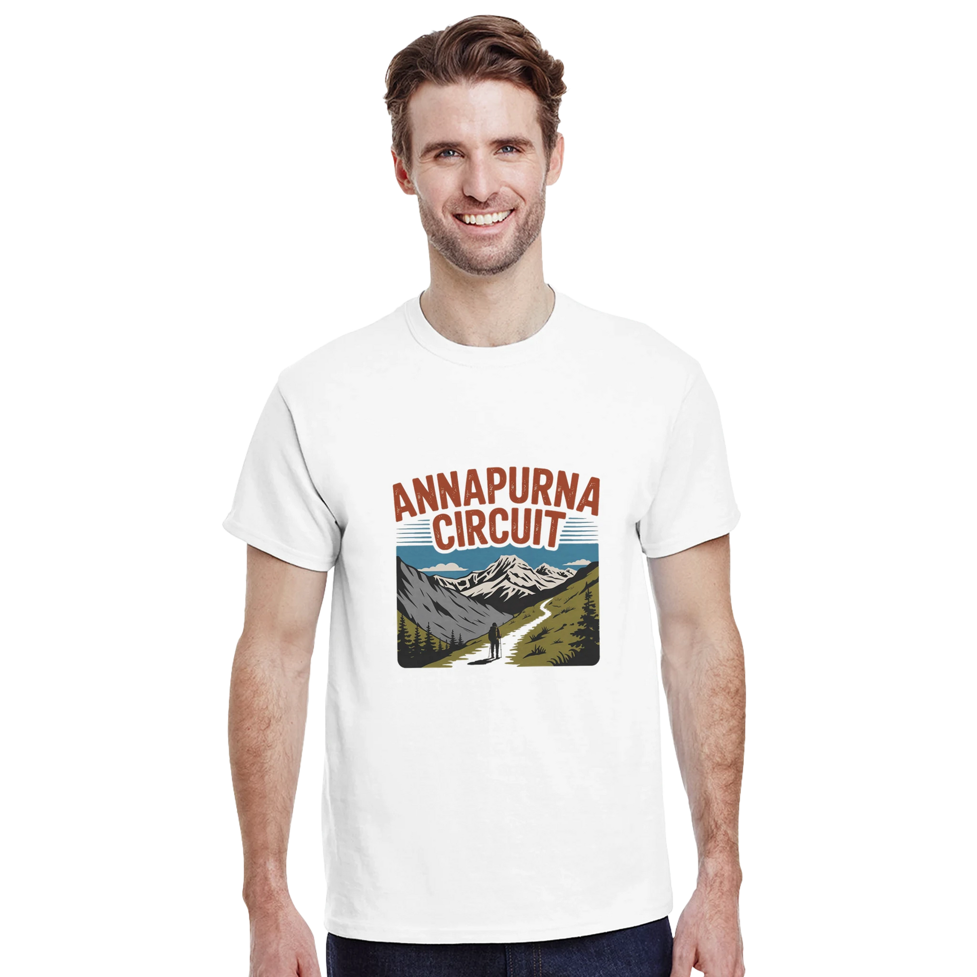 Annapurna Circuit Nepal Unisex Travel T-Shirt on wooden background with world map, passport, and boarding pass