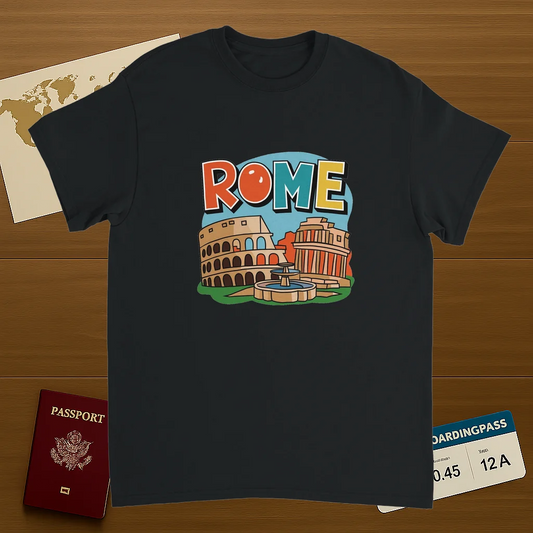 black Rome Italy Unisex Travel T-Shirt on wooden background with world map, passport, and boarding pass