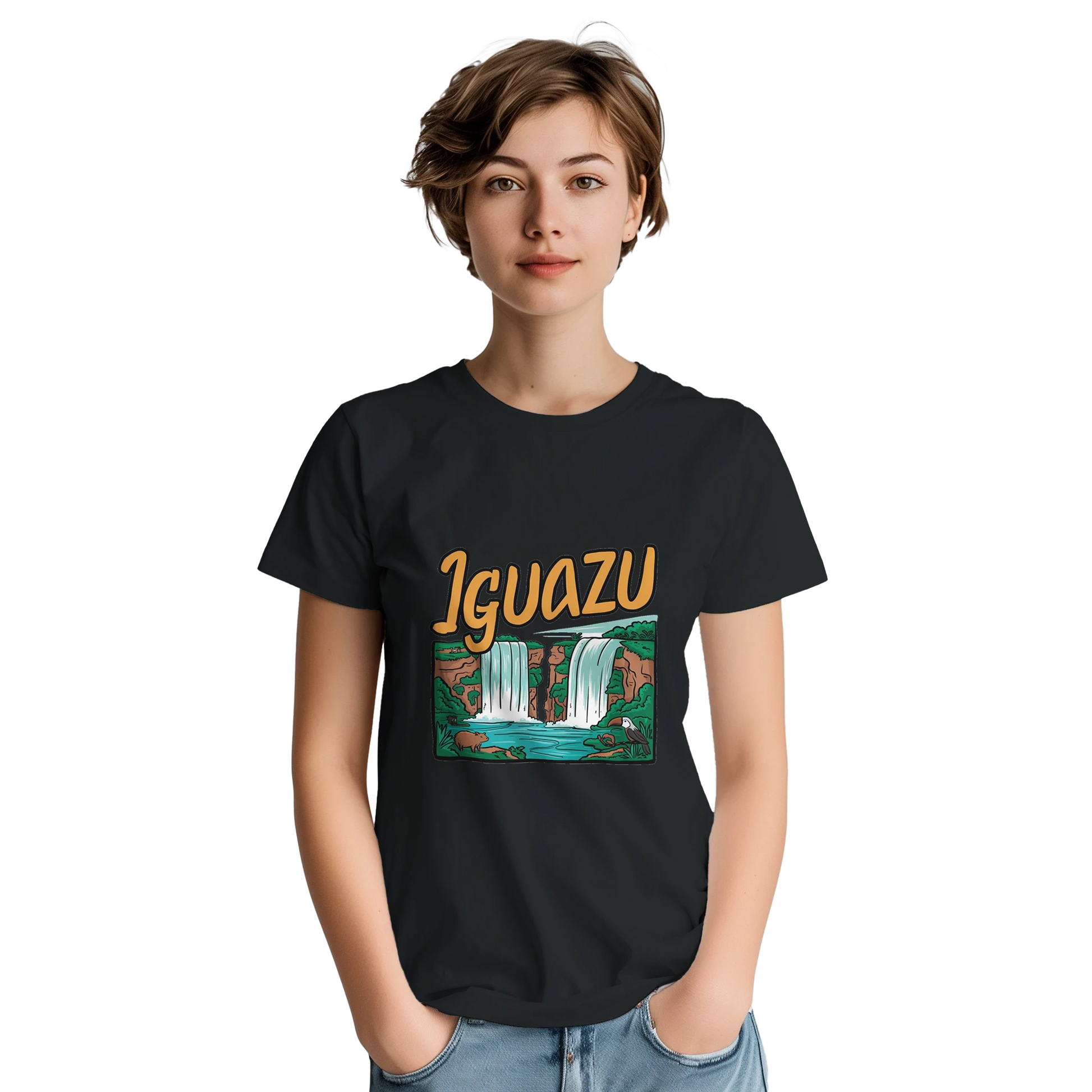 Iguazu Falls Unisex Travel T-Shirt featuring a person from the front