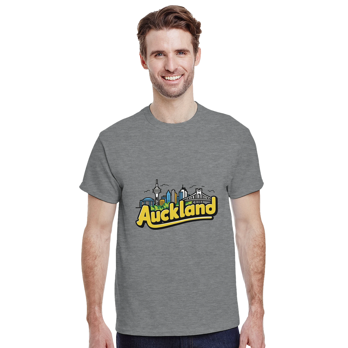 Auckland New Zealand Unisex Travel T-Shirt featuring a man