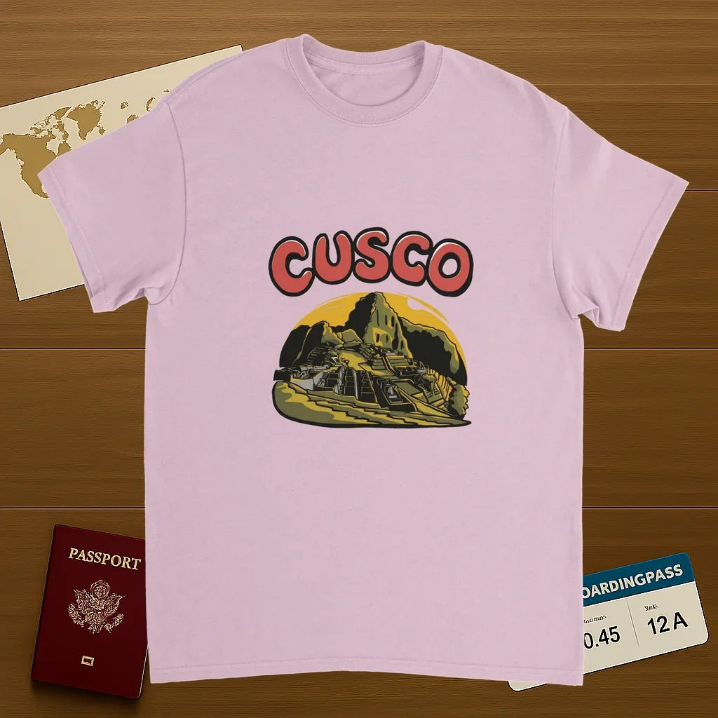 light pink Cusco Peru Unisex Travel T-Shirt on wooden background with world map, passport, and boarding pass
