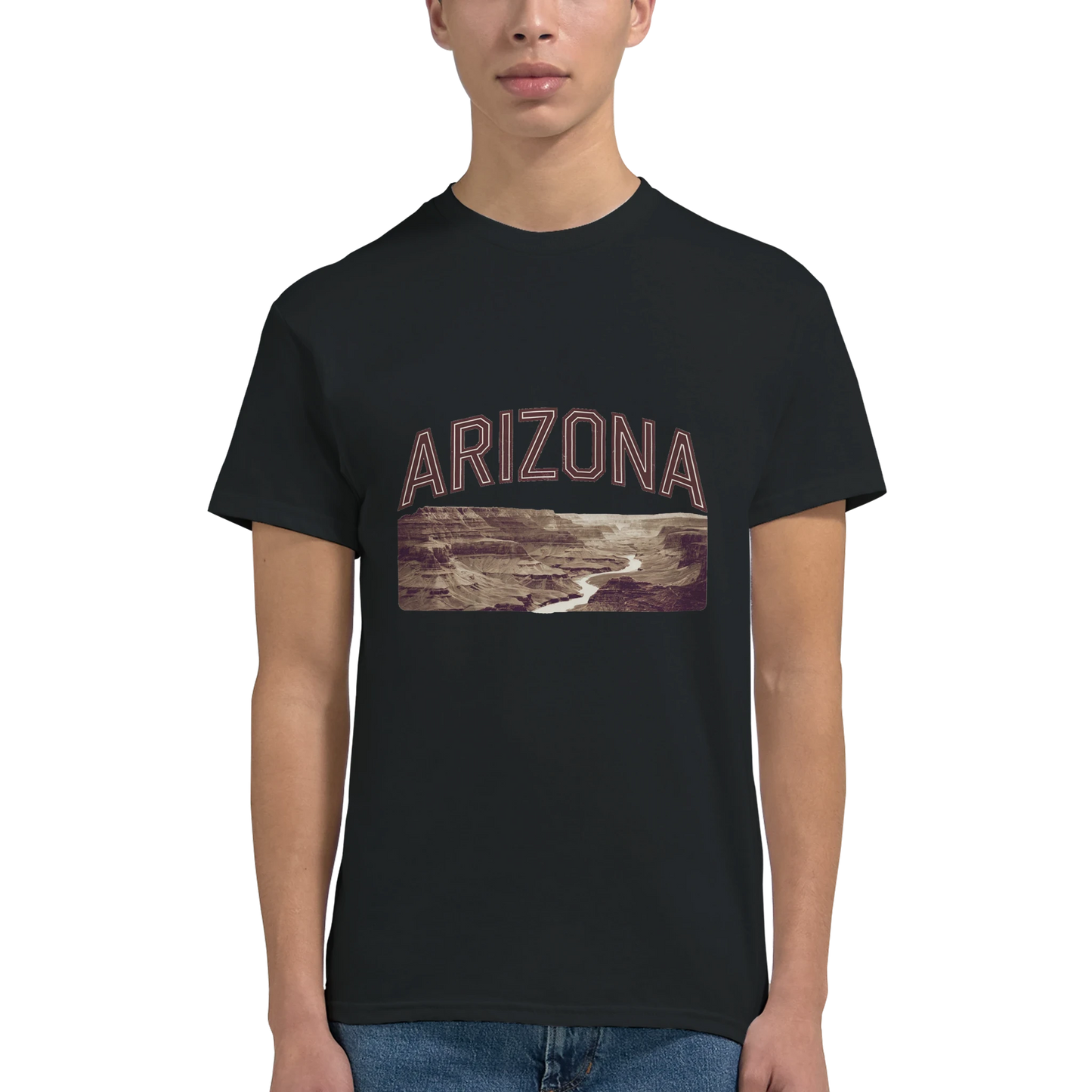 Arizona USA Unisex Travel T-Shirt on wooden background with world map, passport, and boarding pass