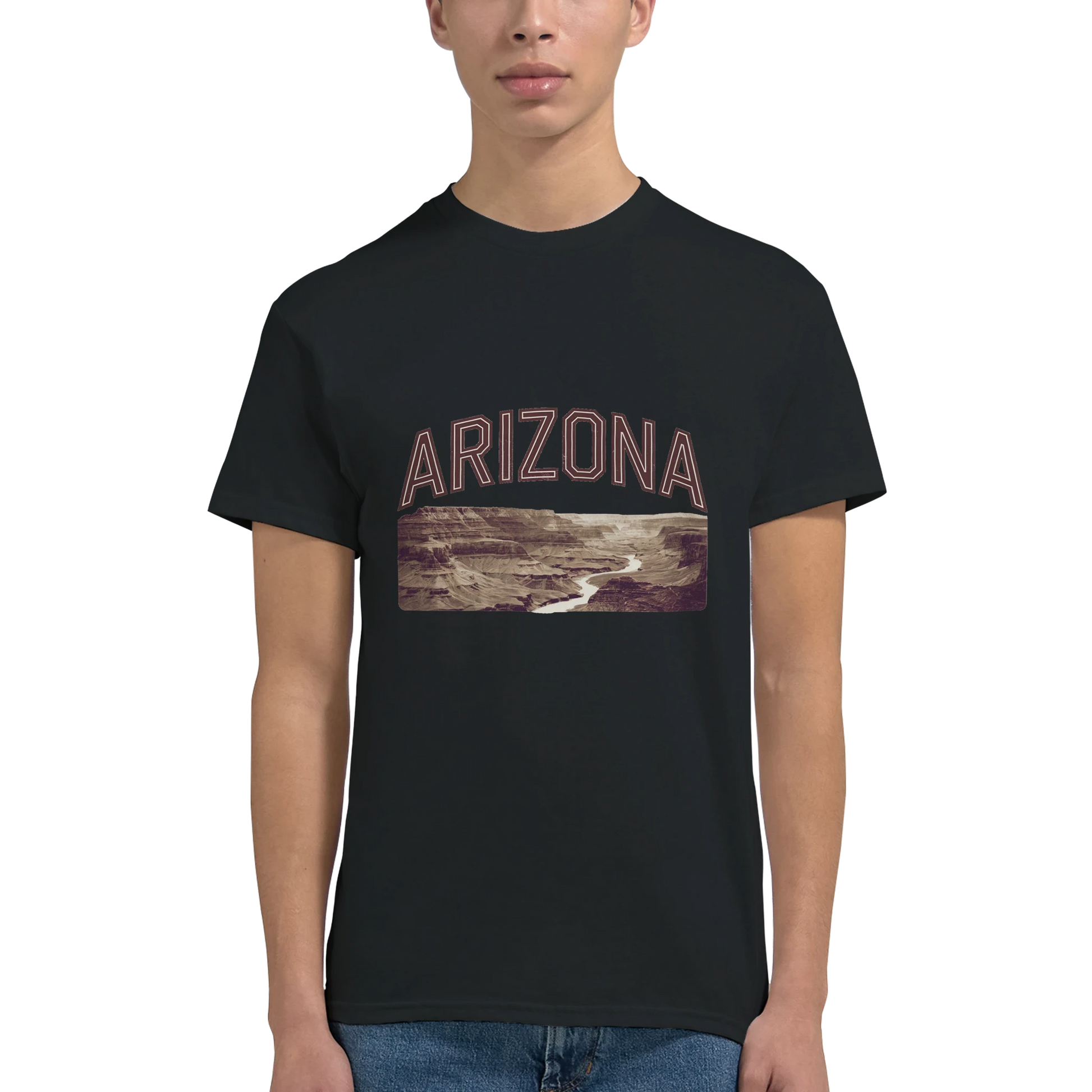 Arizona USA Unisex Travel T-Shirt on wooden background with world map, passport, and boarding pass