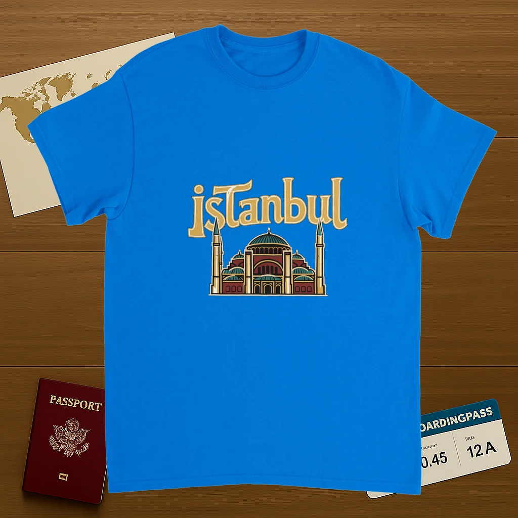 royal blue Istanbul Turkey Unisex Travel T-Shirt on wooden background with world map, passport, and boarding pass
