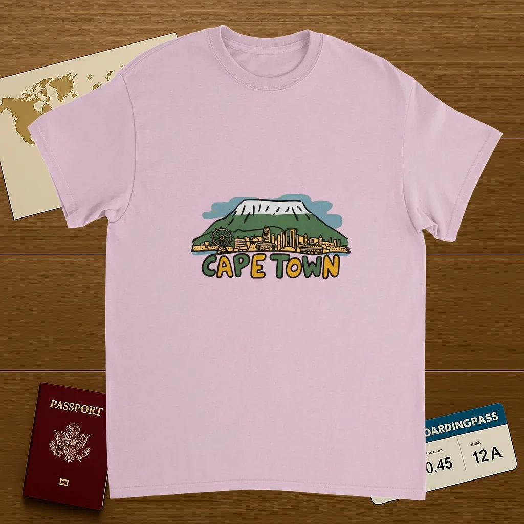 light pink Cape Town South Africa Unisex Travel T-Shirt on wooden background with world map, passport, and boarding pass