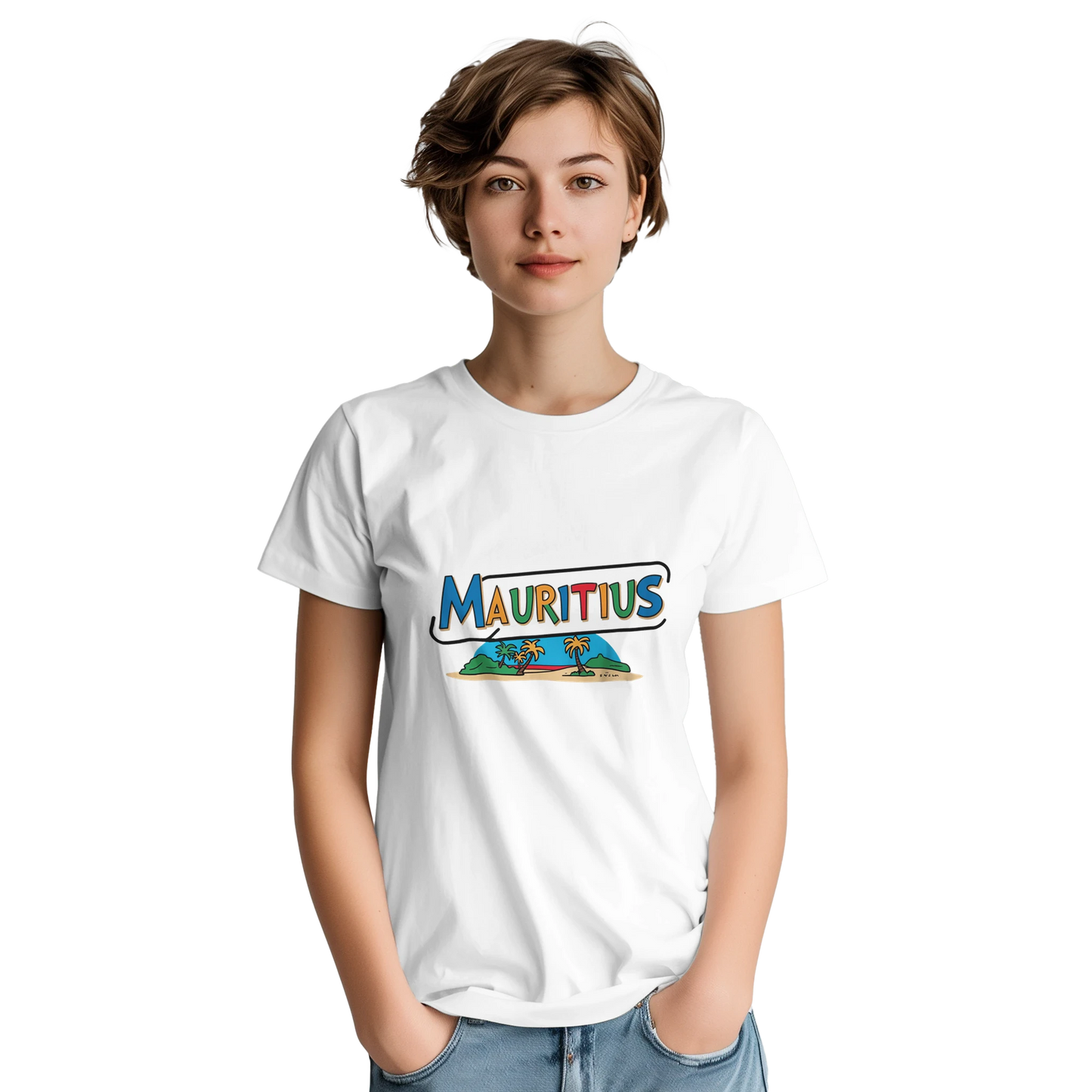 Mauritius Unisex Travel T-Shirt on wooden background with world map, passport, and boarding pass