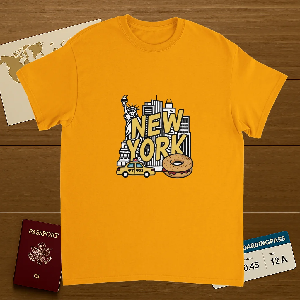 gold New York USA Unisex Travel T-Shirt on wooden background with world map, passport, and boarding pass