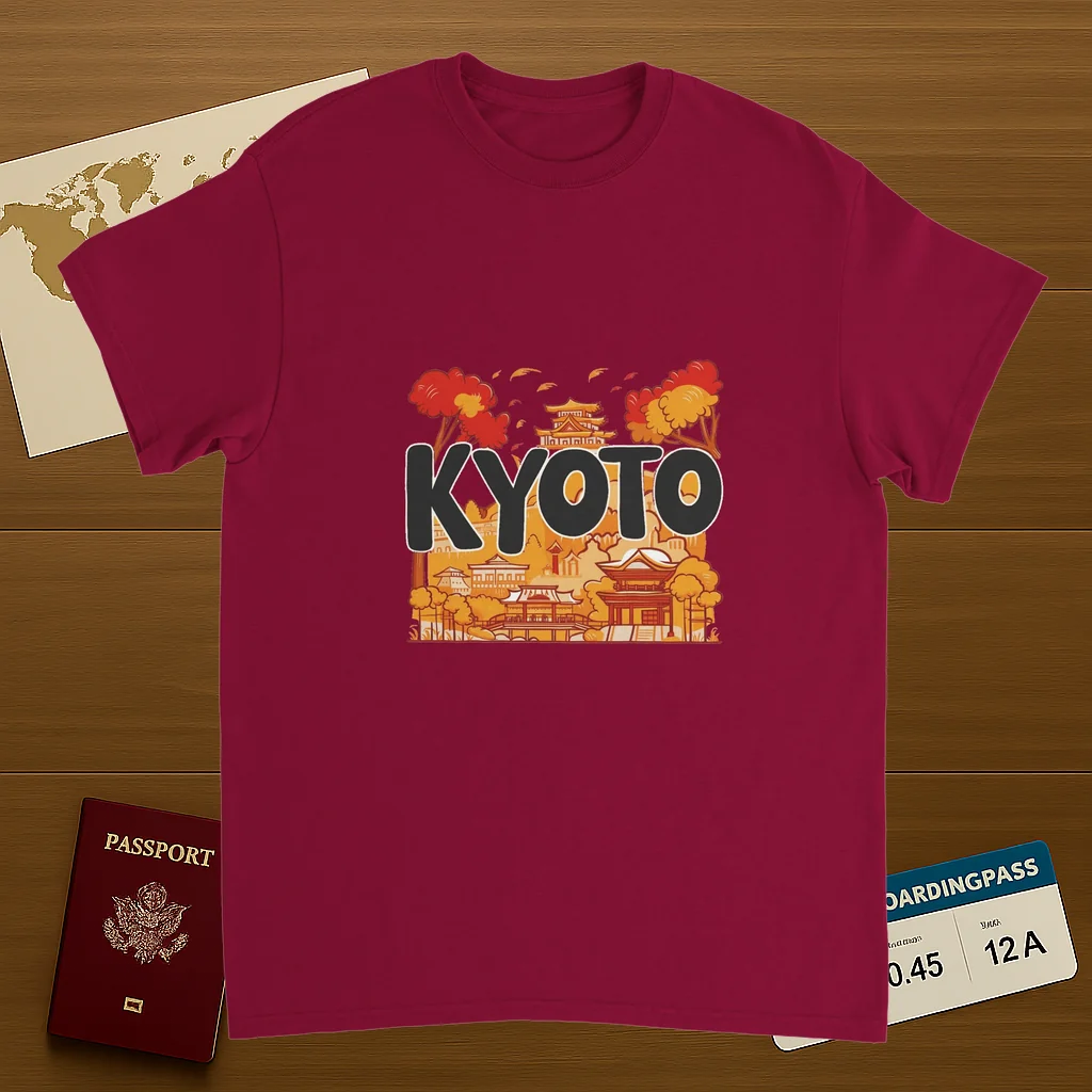 cardinal red Kyoto Japan Unisex Travel T-Shirt on wooden background with world map, passport, and boarding pass