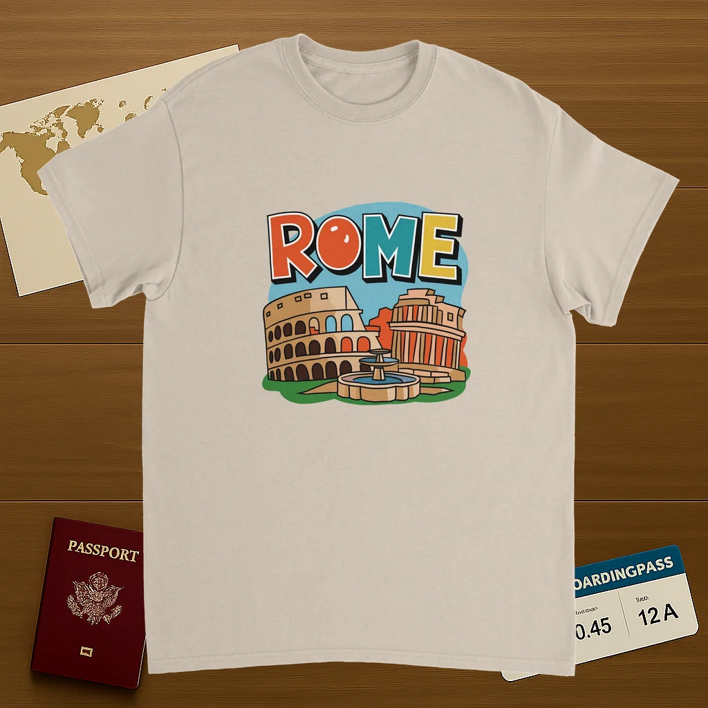 Rome Italy Unisex Travel T-Shirt on wooden background with world map, passport, and boarding pass