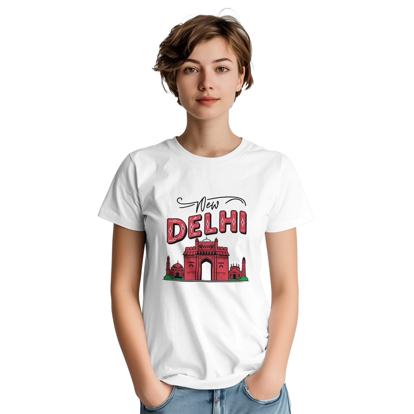 New Delhi India Unisex Travel T-Shirt on wooden background with world map, passport, and boarding pass
