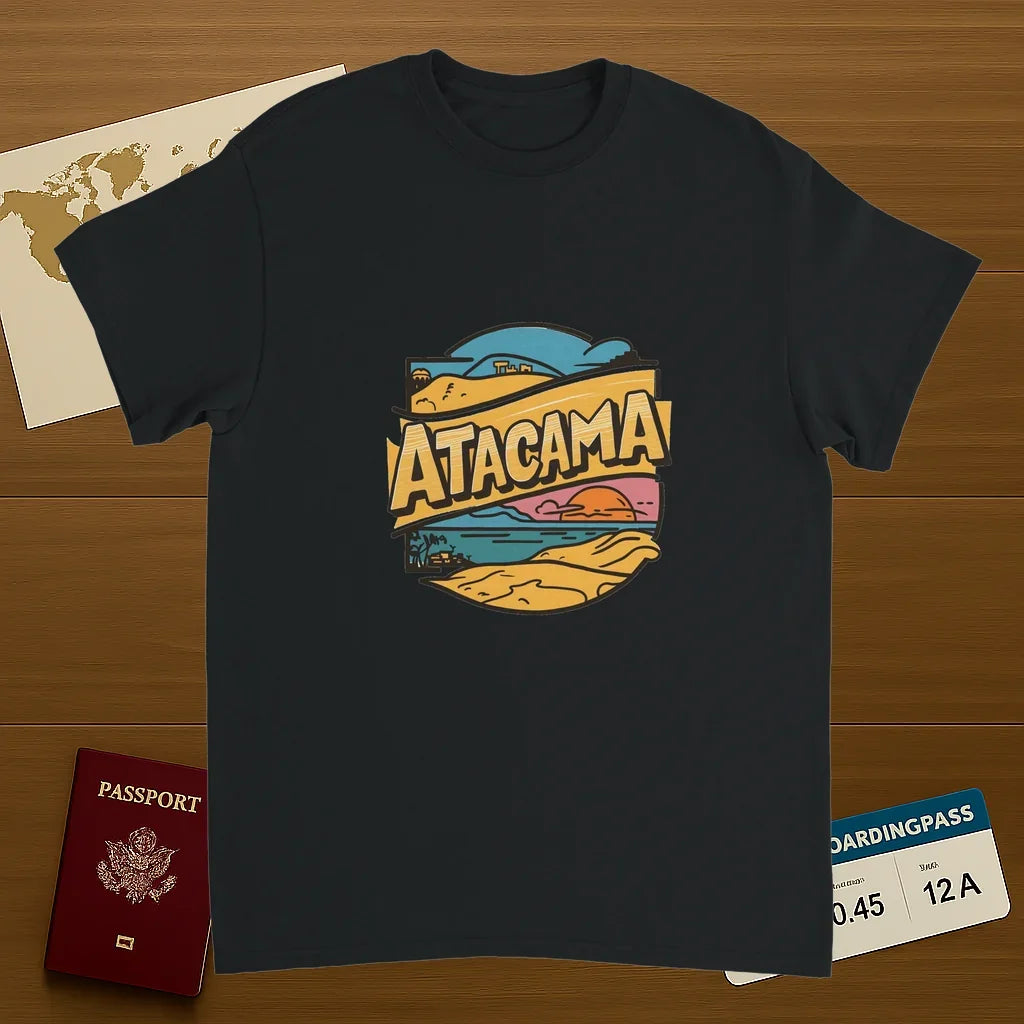 black Atacama Chile Unisex Travel T-Shirt on wooden background with world map, passport, and boarding pass