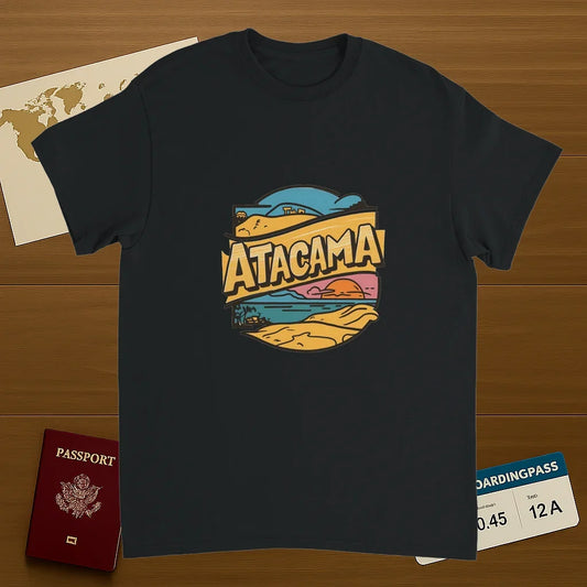 black Atacama Chile Unisex Travel T-Shirt on wooden background with world map, passport, and boarding pass