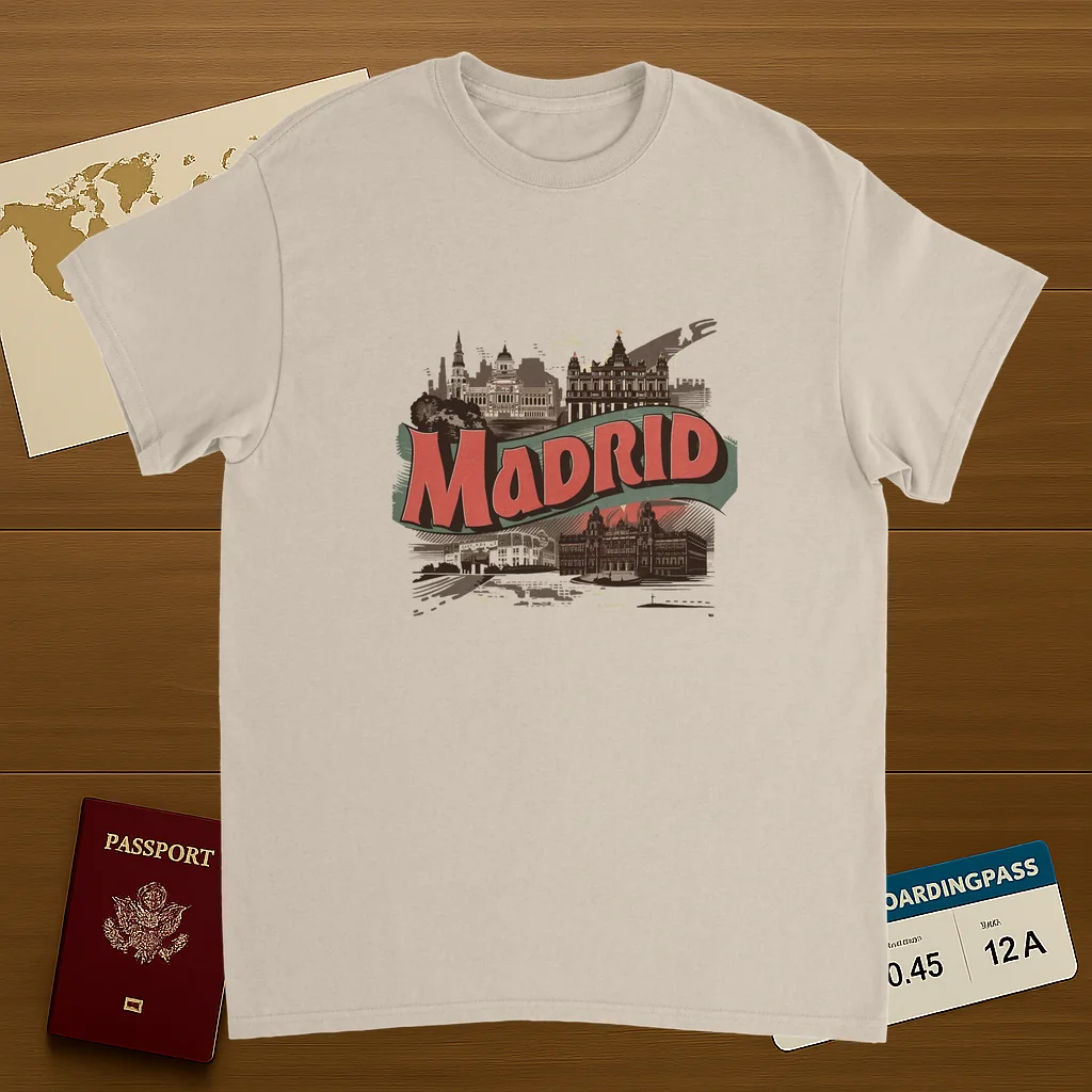 Madrid Spain Unisex Travel T-Shirt on wooden background with world map, passport, and boarding pass
