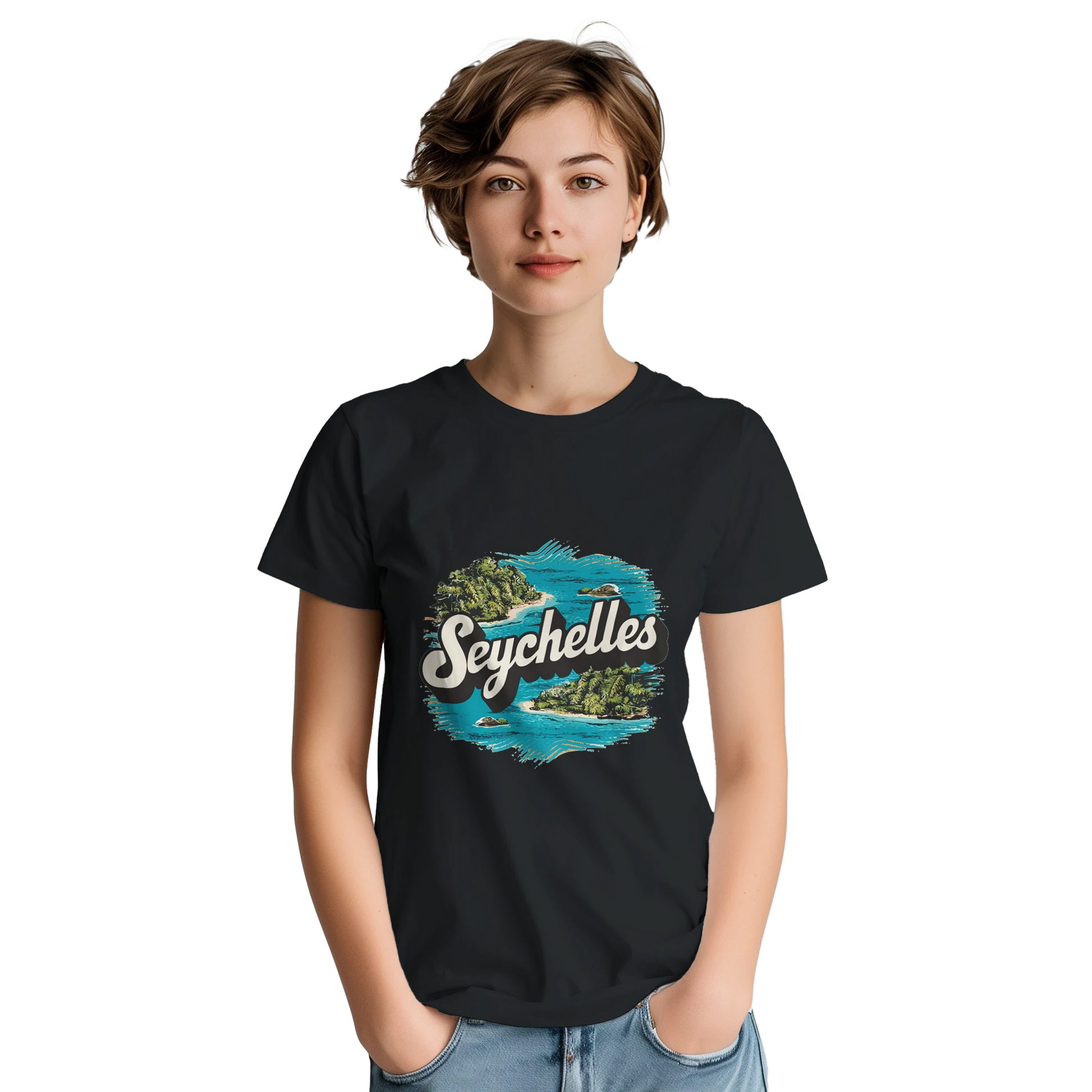 Seychelles Unisex Travel T-Shirt on wooden background with world map, passport, and boarding pass