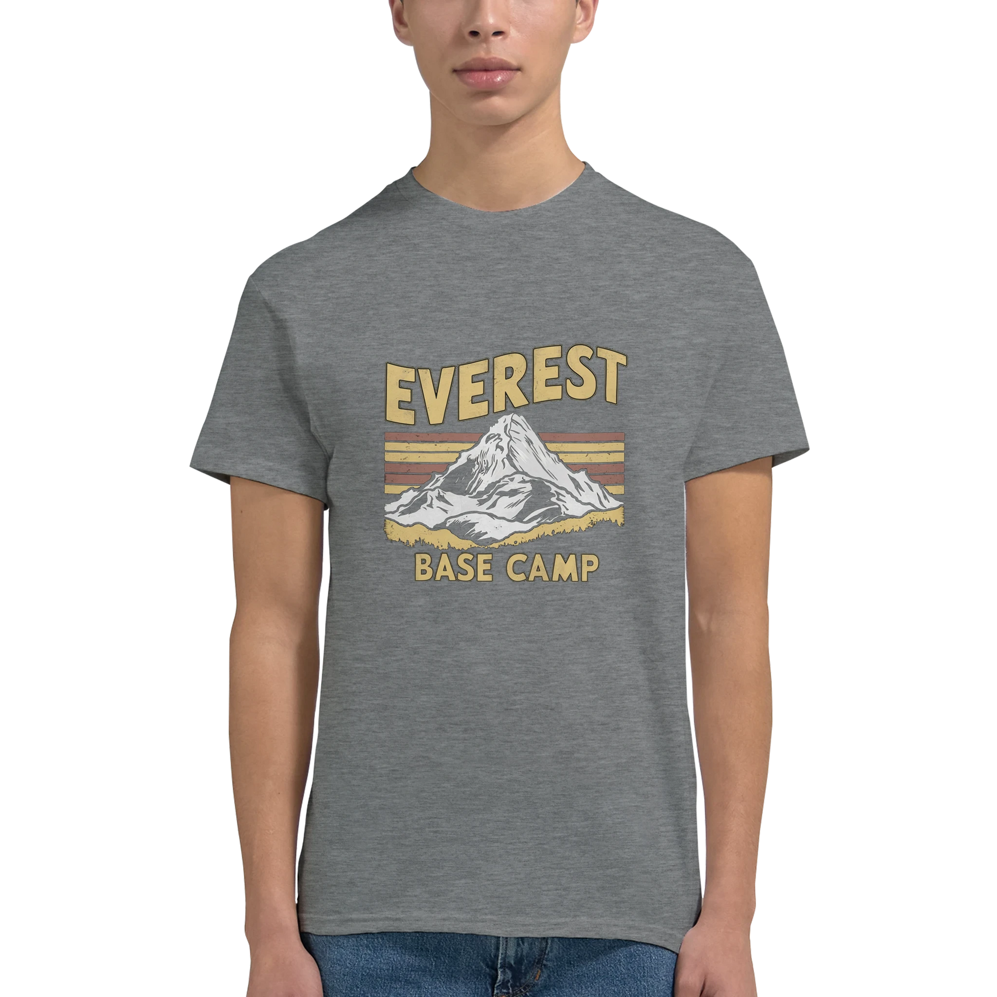 Everest Base Camp Nepal Unisex Travel T-Shirt on wooden background with world map, passport, and boarding pass