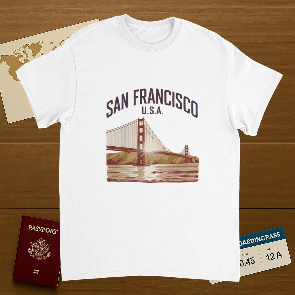 white San Francisco USA Unisex Travel T-Shirt on wooden background with world map, passport, and boarding pass