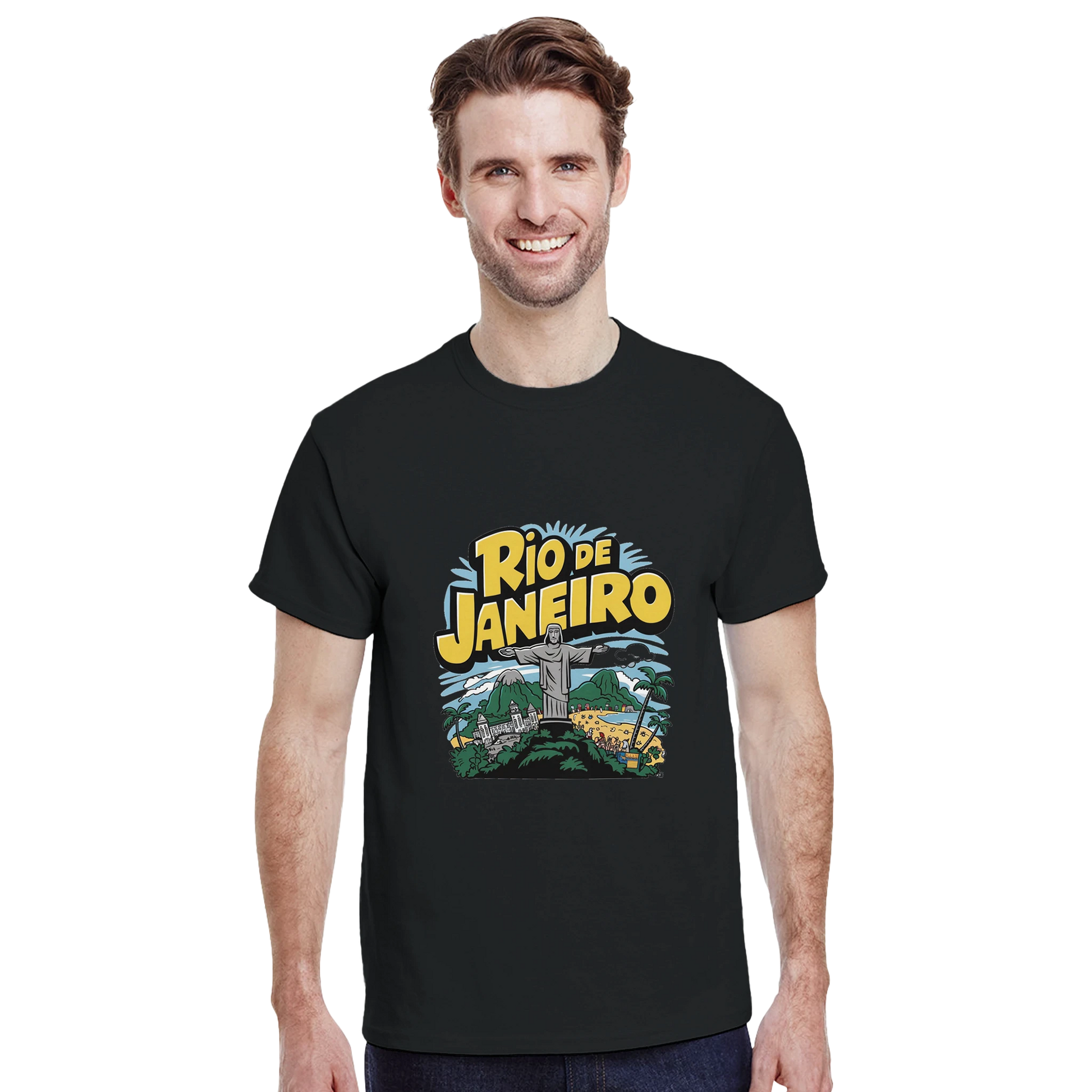 Rio de Janeiro Brazil Unisex Travel T-Shirt featuring a man from the front