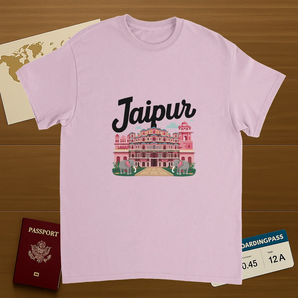 light pink Jaipur India Unisex Travel T-Shirt on wooden background with world map, passport, and boarding pass