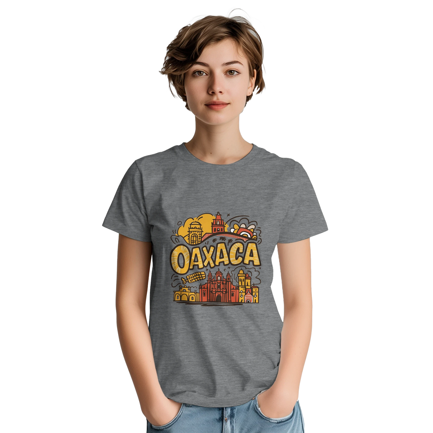 Oaxaca Mexico Unisex Travel T-Shirt on wooden background with world map, passport, and boarding pass
