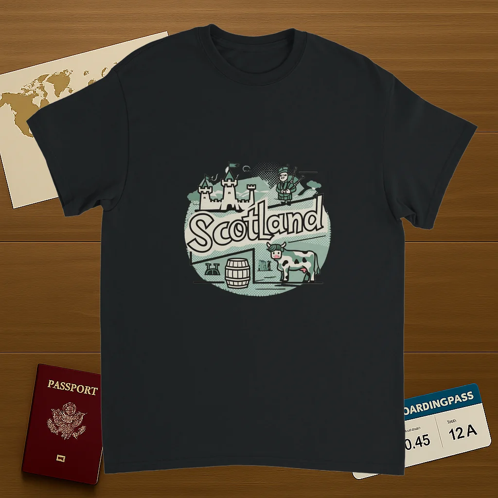 black Scotland Unisex Travel T-Shirt on wooden background with world map, passport, and boarding pass