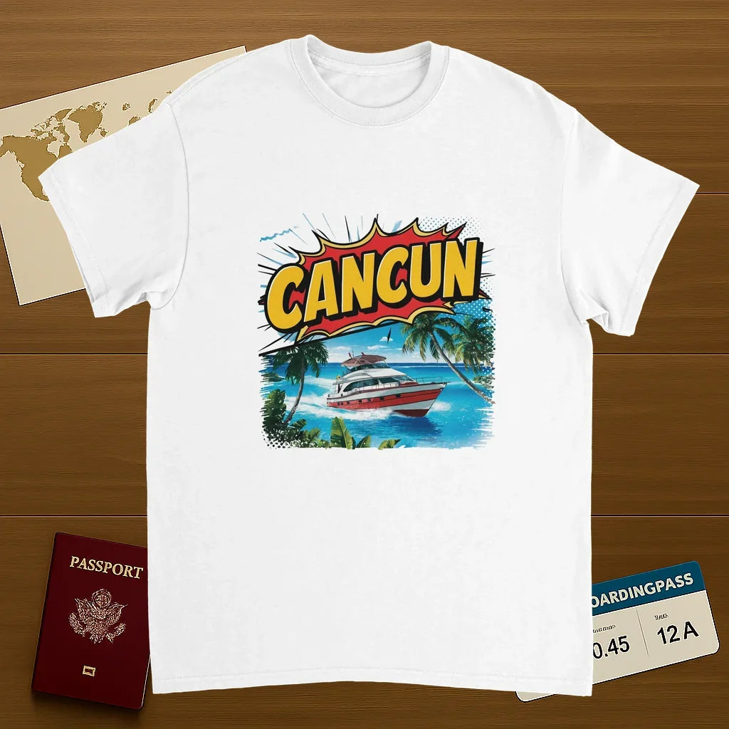 white Cancún Mexico Unisex Travel T-Shirt on wooden background with world map, passport, and boarding pass