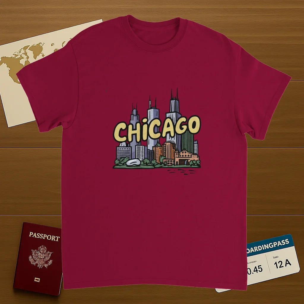 cardinal red Chicago USA Unisex Travel T-Shirt on wooden background with world map, passport, and boarding pass