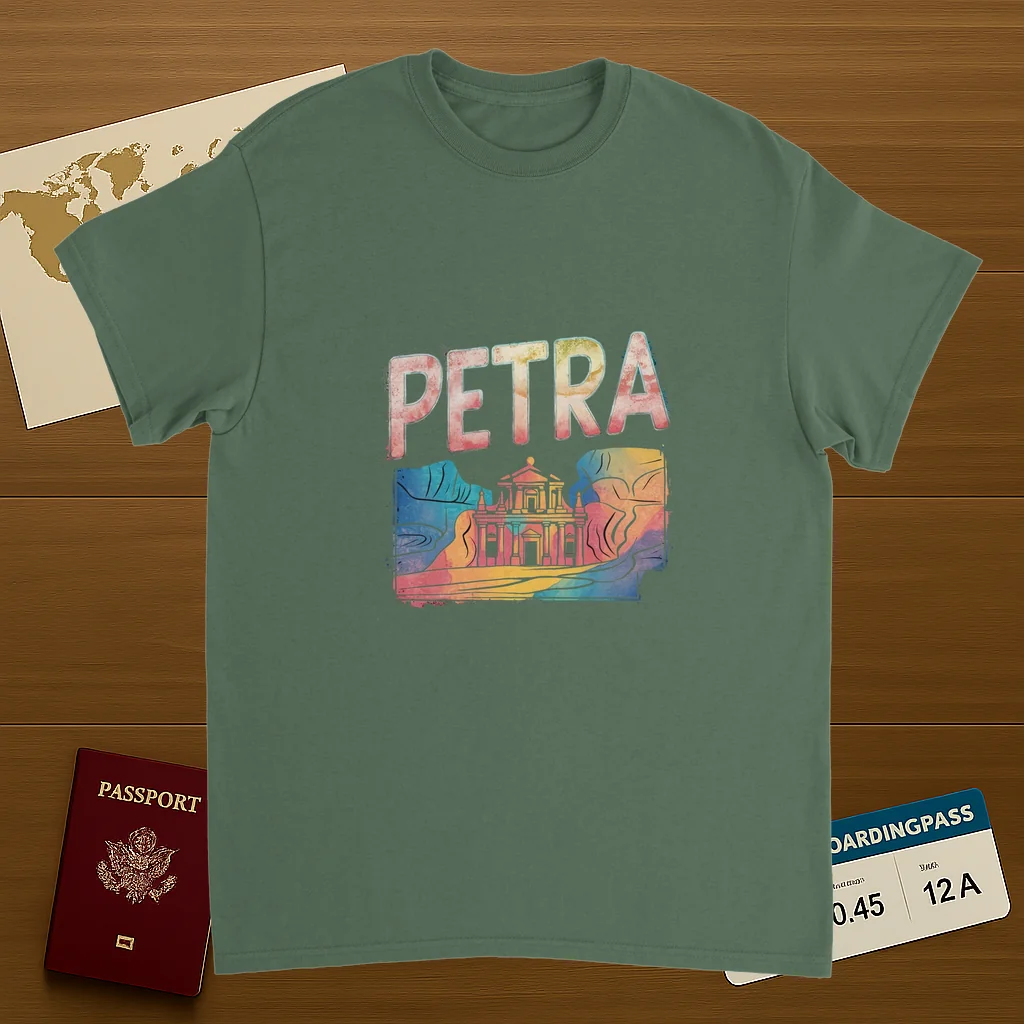 military green Petra Jordan Unisex Travel T-Shirt on wooden background with world map, passport, and boarding pass