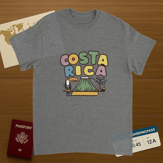 sport grey Costa Rica Unisex Travel T-Shirt on wooden background with world map, passport, and boarding pass