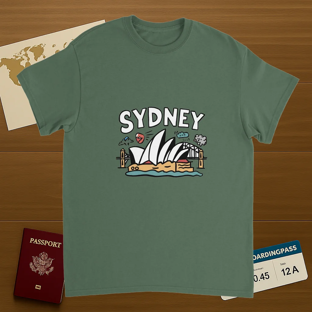 military green Sydney Australia Unisex Travel T-Shirt on wooden background with world map, passport, and boarding pass