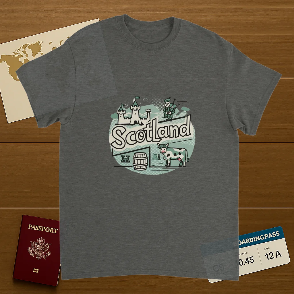 Scotland Unisex Travel T-Shirt on wooden background with world map, passport, and boarding pass