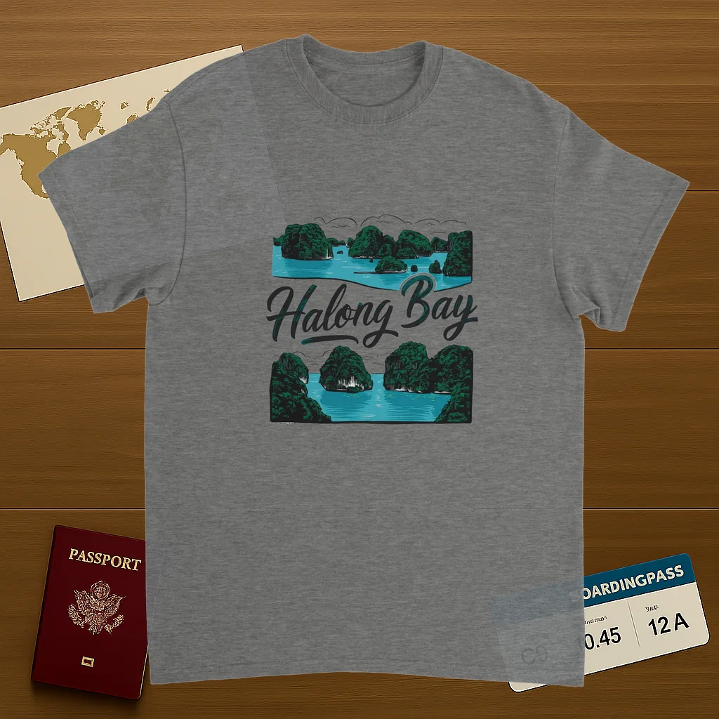 sport grey Halong Bay Vietnam Unisex Travel T-Shirt on wooden background with world map, passport, and boarding pass