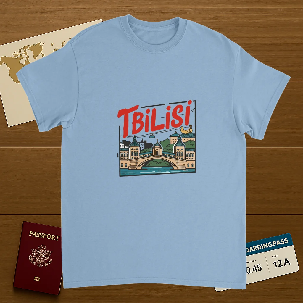 light blue Tbilisi Georgia Unisex Travel T-Shirt on wooden background with world map, passport, and boarding pass