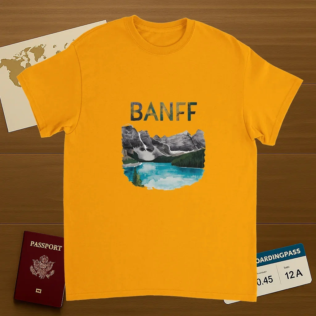 gold Banff Canada Unisex Travel T-Shirt on wooden background with world map, passport, and boarding pass