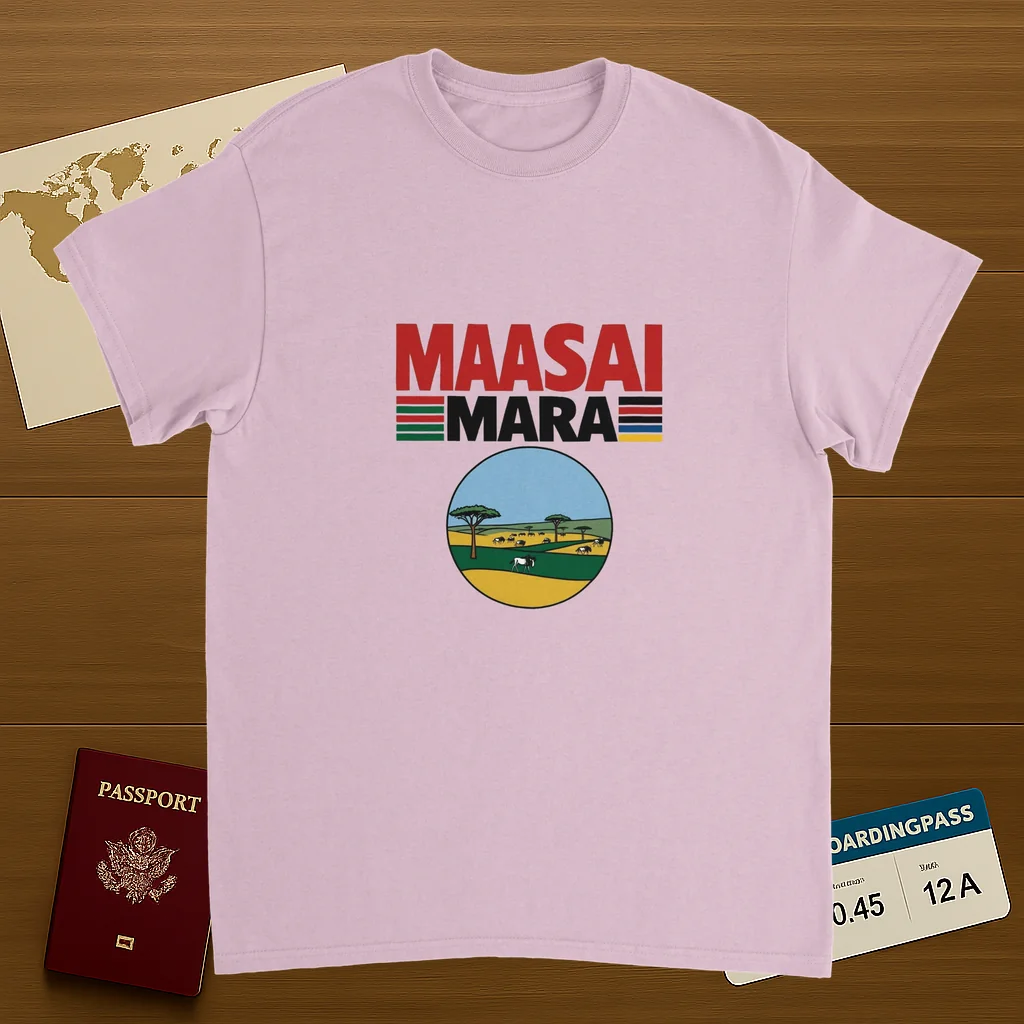 light pink Maasai Mara Unisex Travel T-Shirt on wooden background with world map, passport, and boarding pass