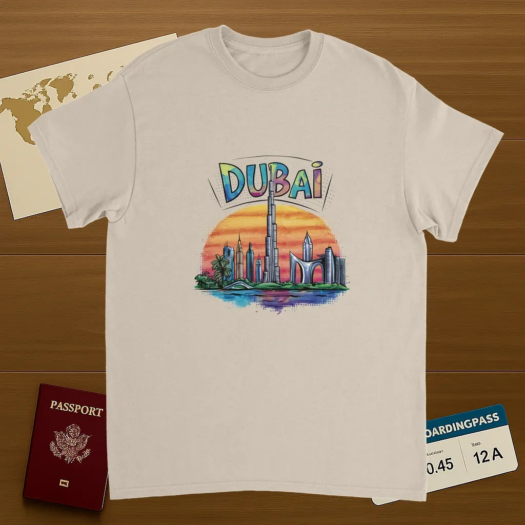 Dubai Unisex Travel T-Shirt on wooden background with world map, passport, and boarding pass