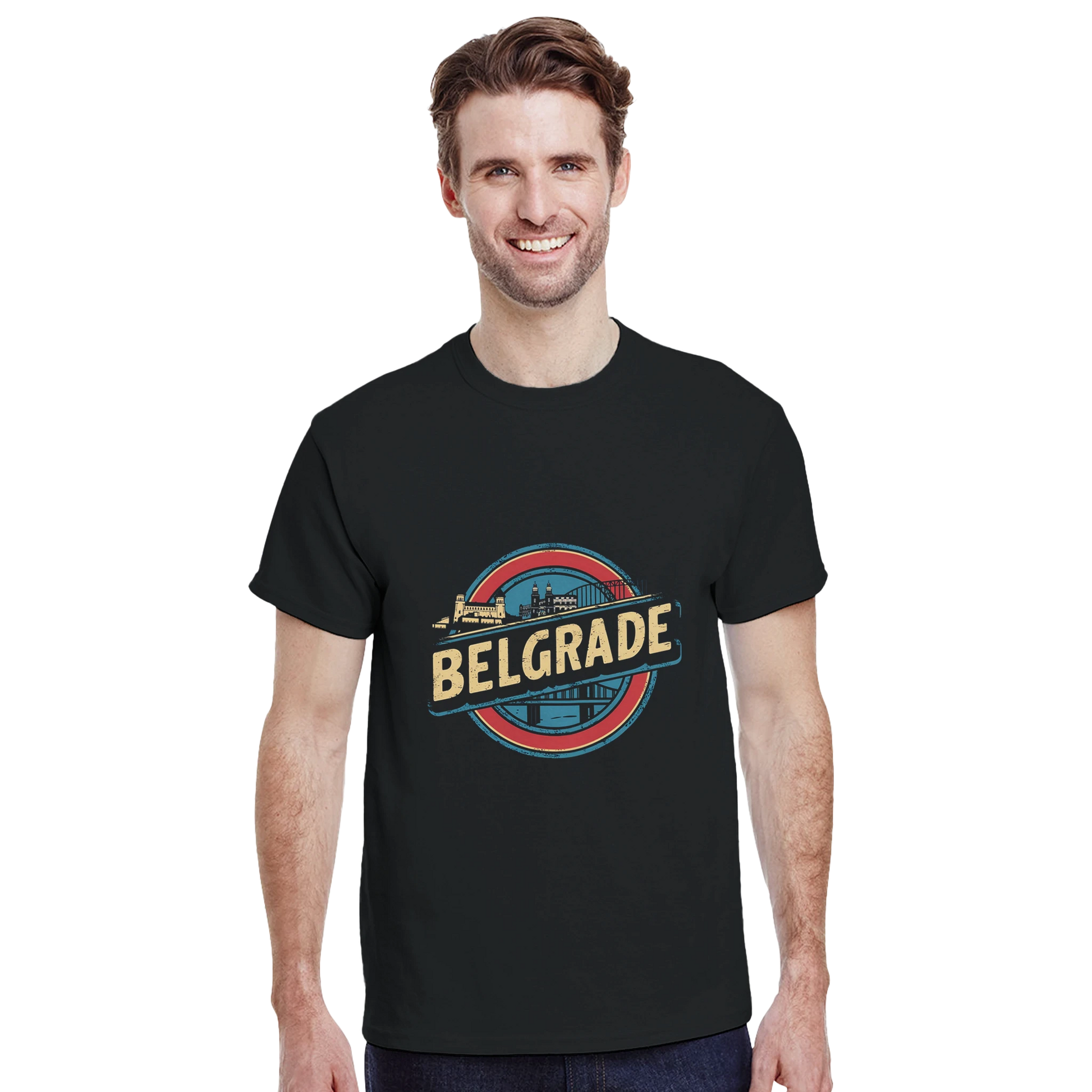 Belgrade Serbia Unisex Travel T-Shirt featuring a man