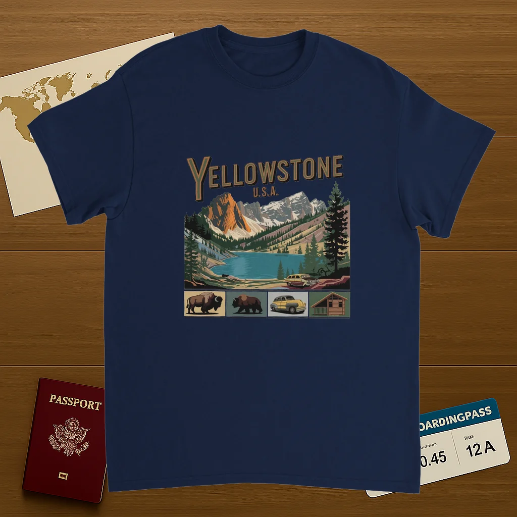 navy Yellowstone USA Unisex Travel T-Shirt on wooden background with world map, passport, and boarding pass