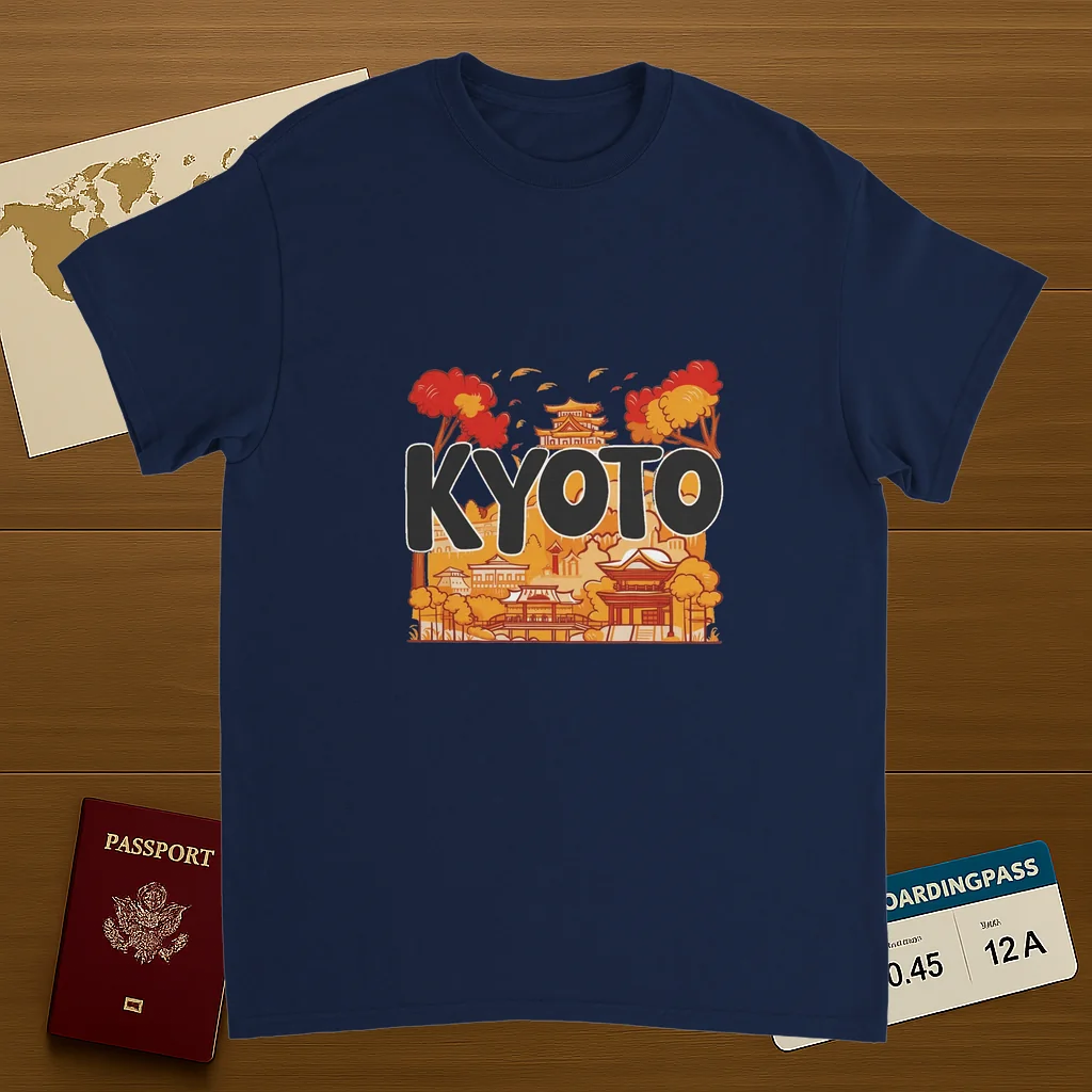 navy Kyoto Japan Unisex Travel T-Shirt on wooden background with world map, passport, and boarding pass