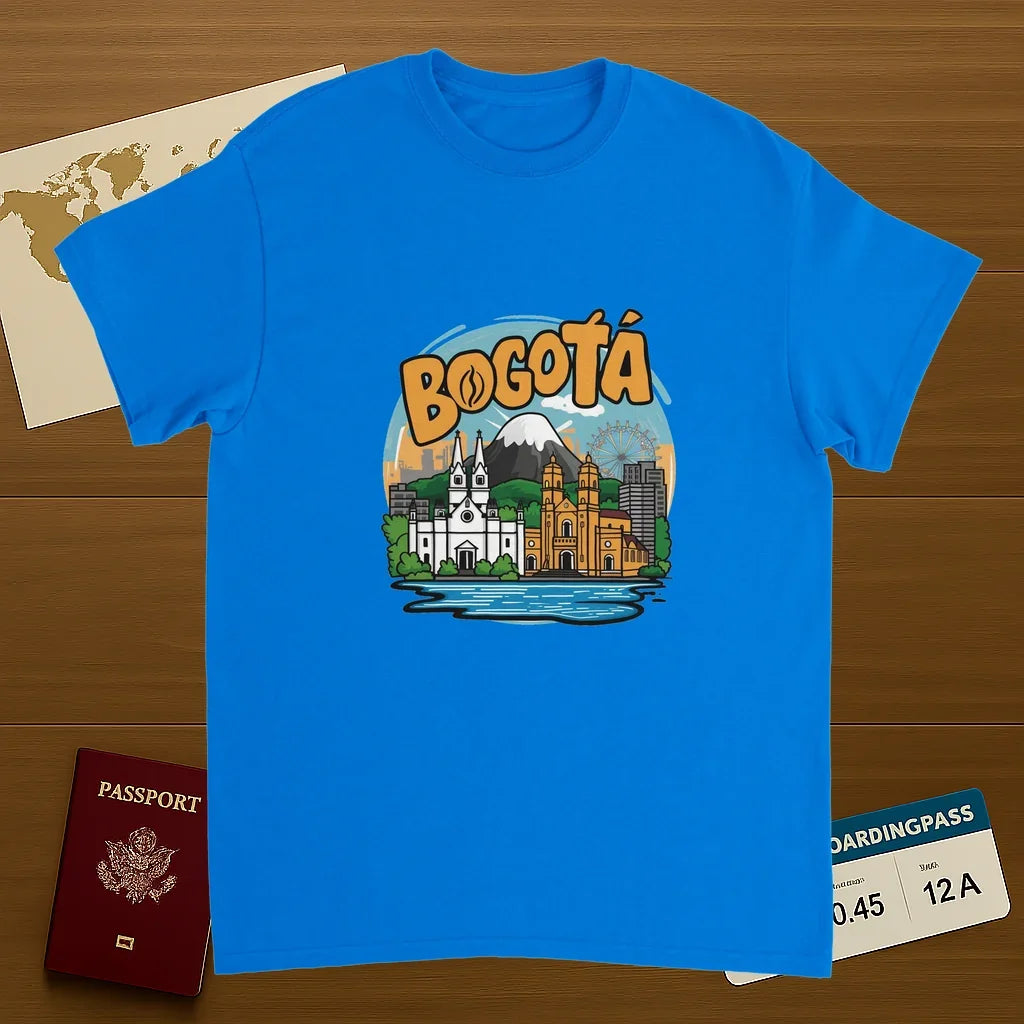 royal blue Bogotá Colombia Unisex Travel T-Shirt on wooden background with world map, passport, and boarding pass