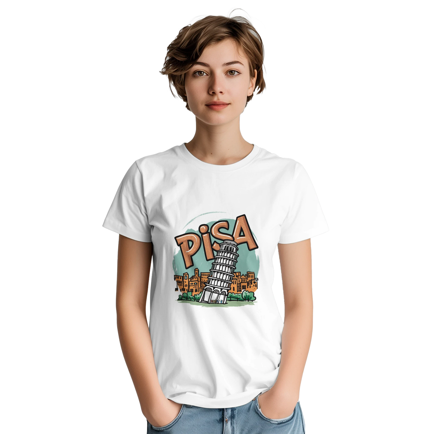 Pisa Italy Unisex Travel T-Shirt on wooden background with world map, passport, and boarding pass