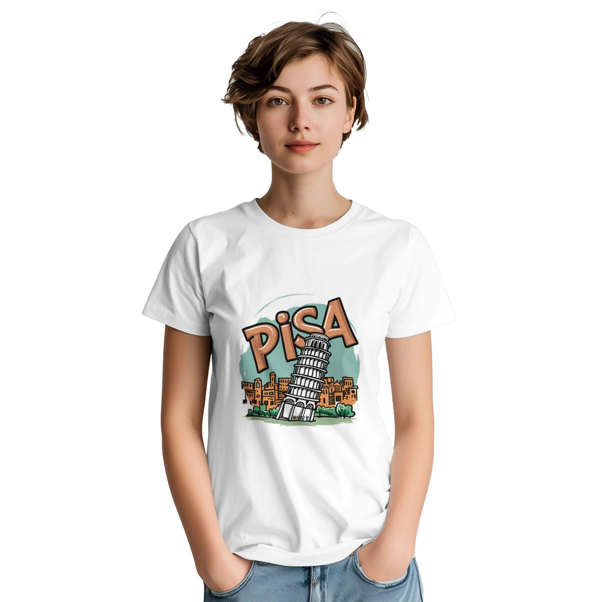 Pisa Italy Unisex Travel T-Shirt on wooden background with world map, passport, and boarding pass