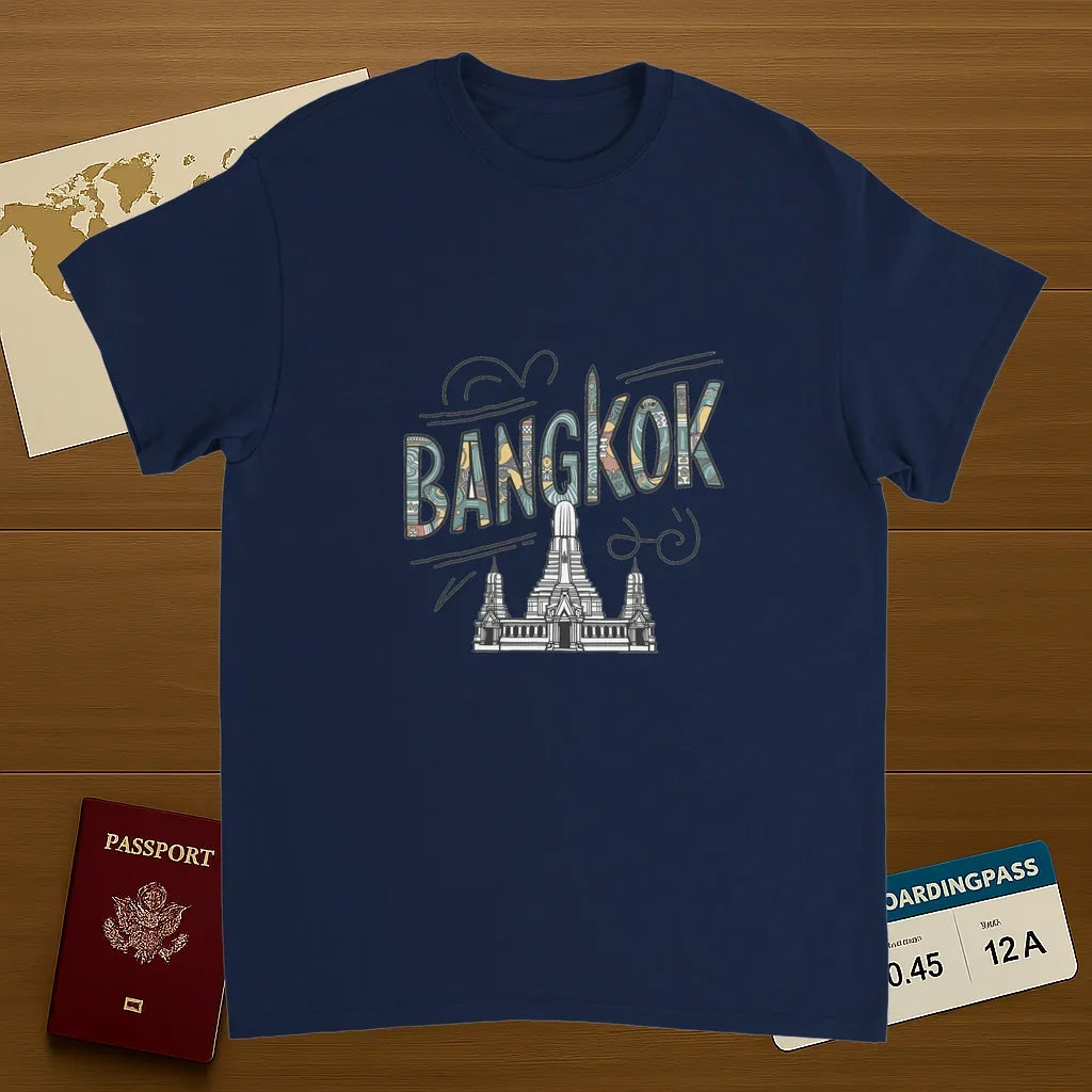 navy Bangkok Thailand Unisex Travel T-Shirt on wooden background with world map, passport, and boarding pass