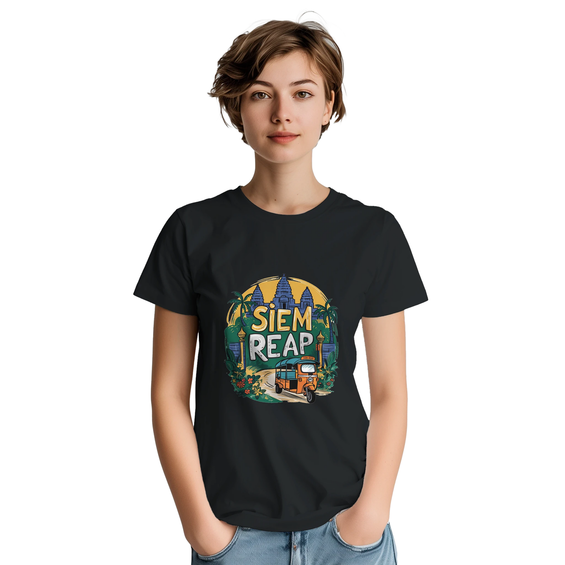 Siem Reap Cambodia Unisex Travel T-Shirt on wooden background with world map, passport, and boarding pass