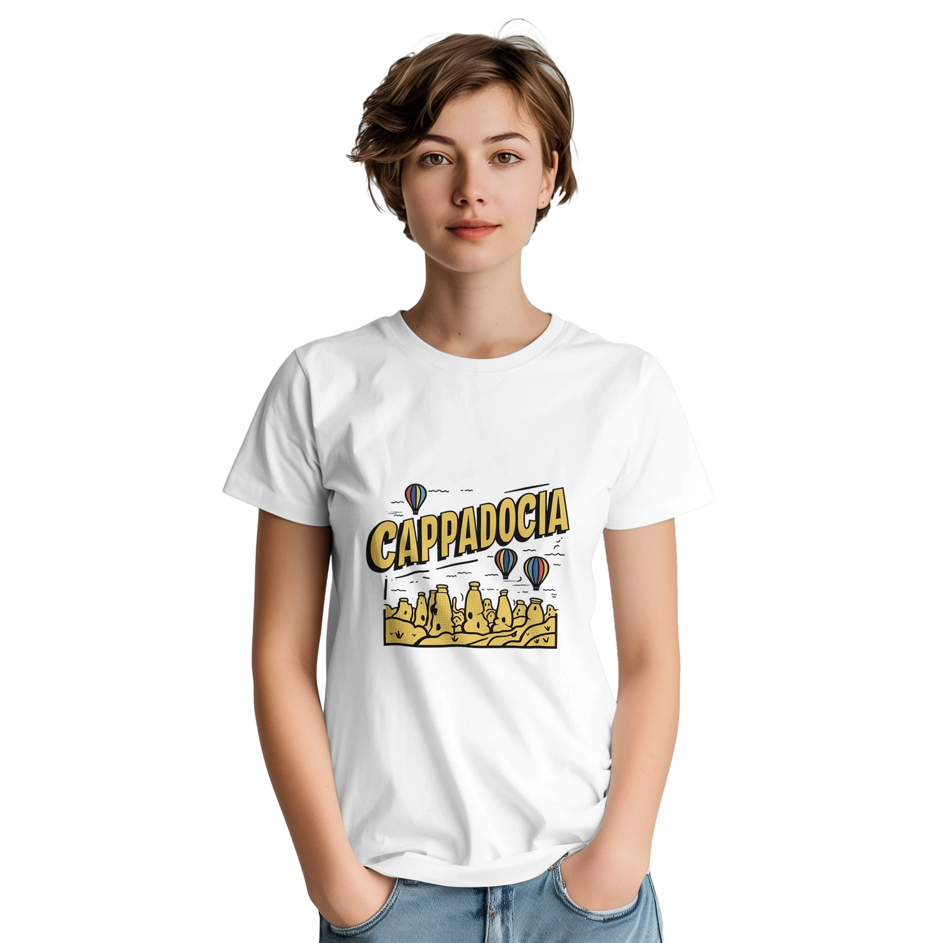 Cappadocia Turkey Unisex Travel T-Shirt on wooden background with world map, passport, and boarding pass