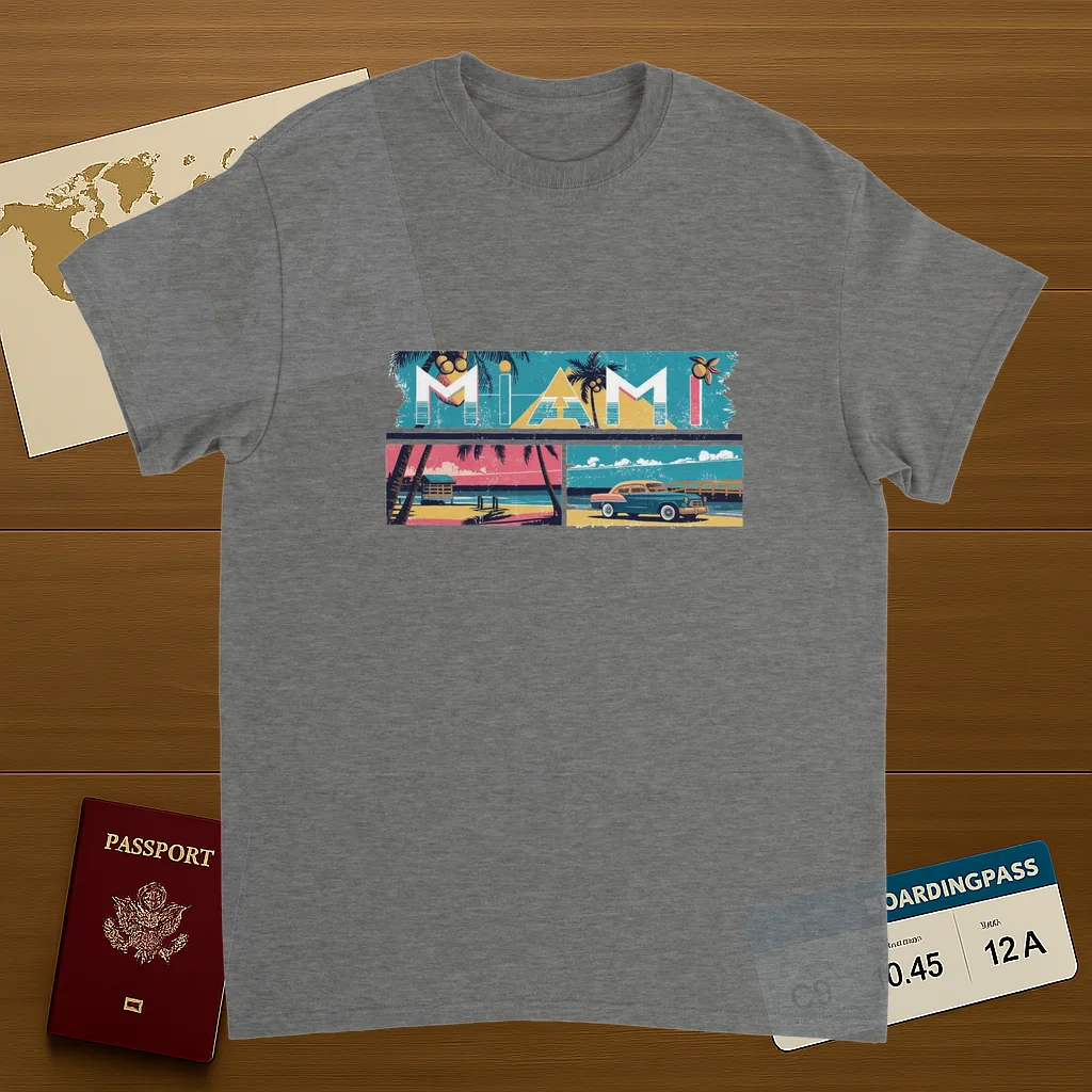 sport grey Miami USA Unisex Travel T-Shirt on wooden background with world map, passport, and boarding pass