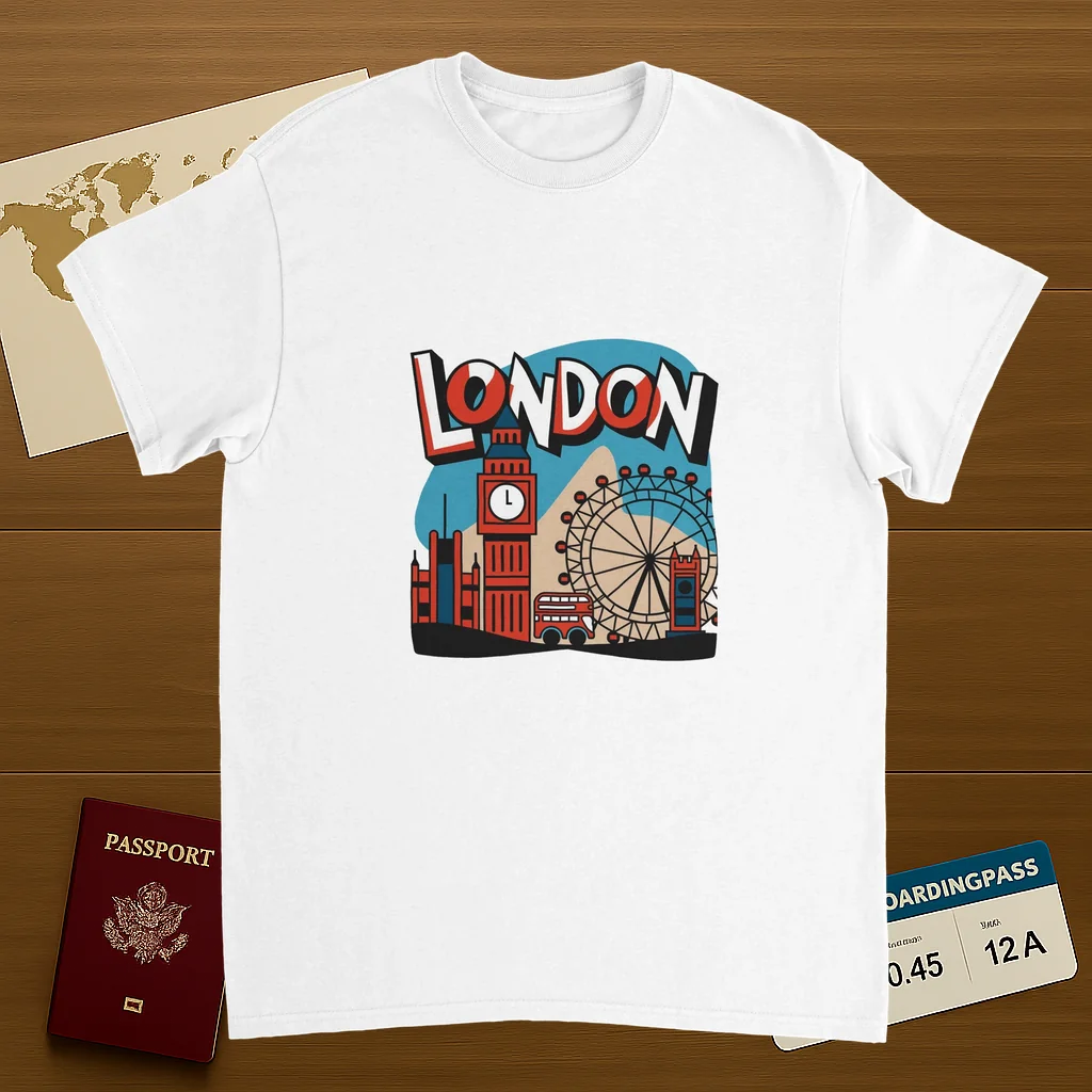 white London England Unisex Travel T-Shirt on wooden background with world map, passport, and boarding pass