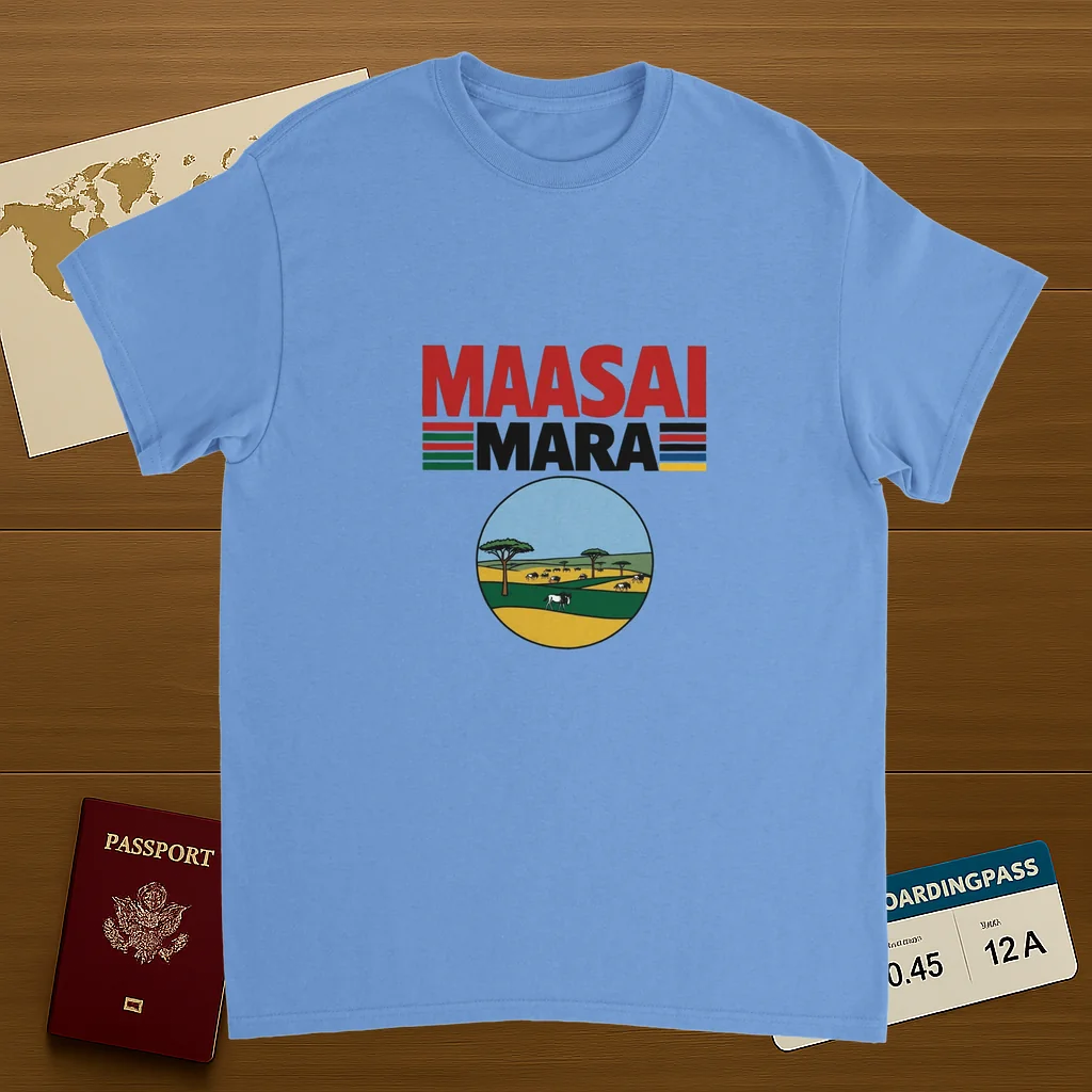 carolina blue Maasai Mara Unisex Travel T-Shirt on wooden background with world map, passport, and boarding pass