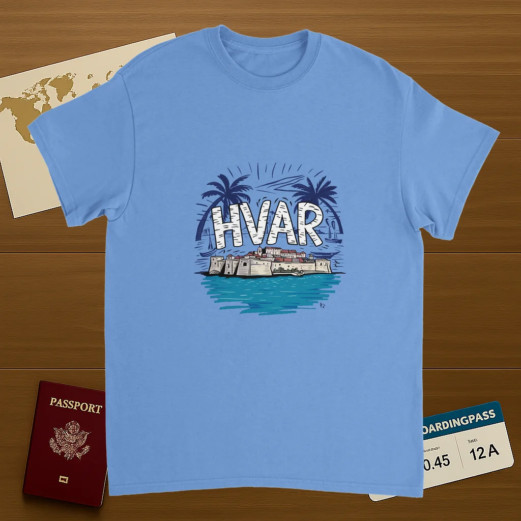 carolina blue Hvar Croatia Unisex Travel T-Shirt on wooden background with world map, passport, and boarding pass