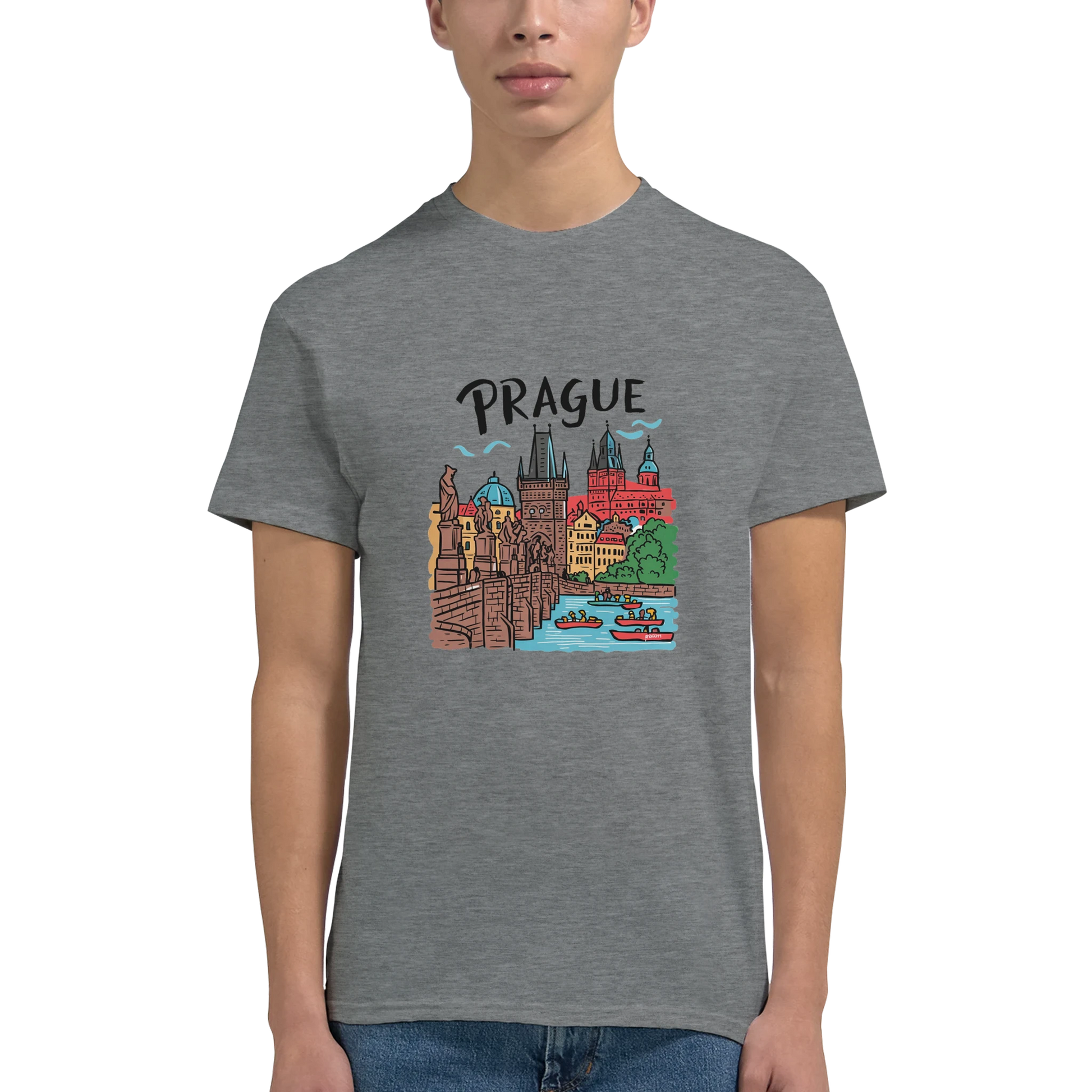 Prague Czechia Unisex Travel T-Shirt on wooden background with world map, passport, and boarding pass