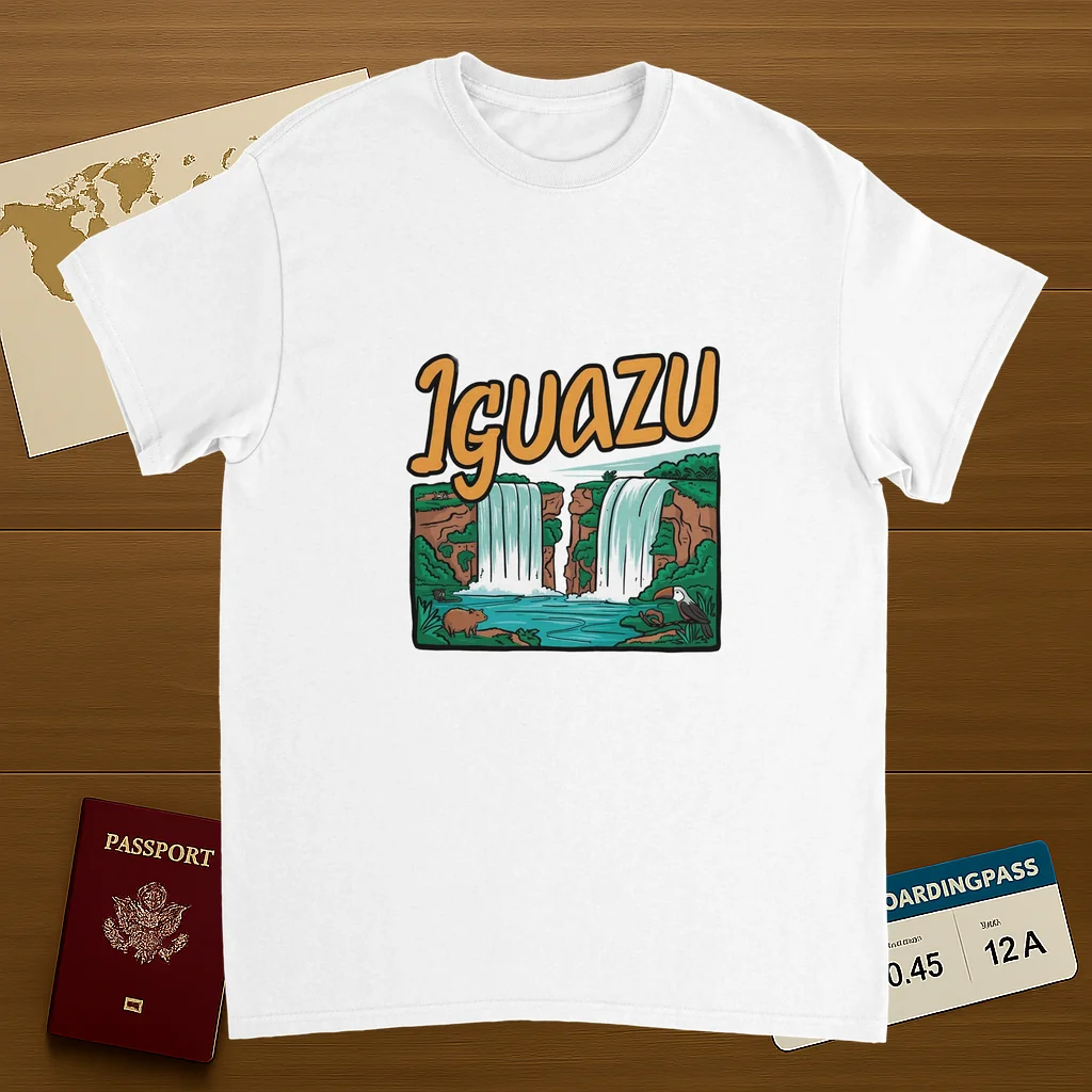 white Iguazu Falls Unisex Travel T-Shirt on wooden background with world map, passport, and boarding pass
